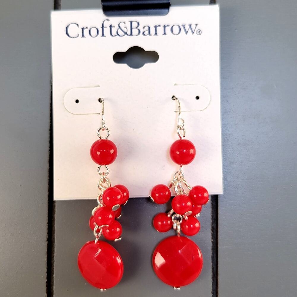 Croft & Barrow Red Silver Bead Dangle Pierced Earrings 2.13in, Free Gift Bag